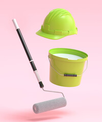 Fototapeta premium Set of safety helmet, bucket with paint rollers and brushes on pink background.