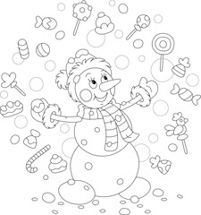 Happy little snowman conjuring funny tricks and juggling with tasty sweets, vector cartoon illustration isolated on a white background