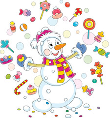 Happy little snowman conjuring funny tricks and juggling with colorful sweets, vector cartoon illustration isolated on a white background