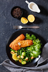 Crispy Beer Batter Cod Fish with green  vegetables