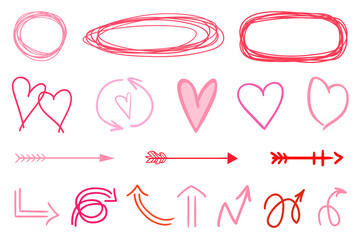Colorful infographic elements isolated on white. Set of different indicator signs. Grungy hand drawn simple objects. Line art creation. Abstract colored arrows and shapes. Symbols for design