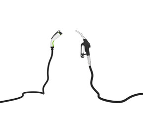 3D rendering gas nozzle vs electric vehicle charging plug isolate on white background. Alternative future with renewable energy. Transparent background