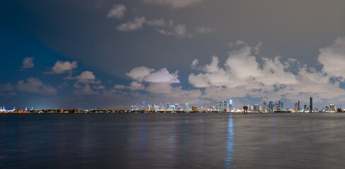 Miami city. Miami skyline panorama at dusk with skyscrapers over sea. Night downtown sanset.