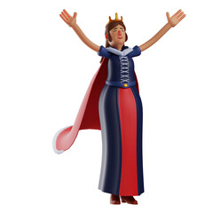    3D illustration. Queen 3D character design shares happy feeling. with both arms raised up. wearing a cool red robe. 3D Cartoon Character