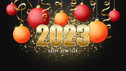 Happy new year 2023. Christmas red and orange balls and golden serpentine. Vector illustration. 