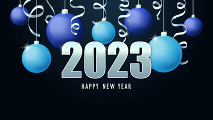 Happy new year 2023. Christmas blue and cyan balls and silver serpentine. Vector illustration.