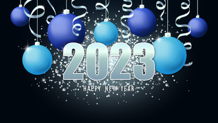 Happy new year 2023. Christmas blue and cyan balls and silver serpentine. Vector illustration.