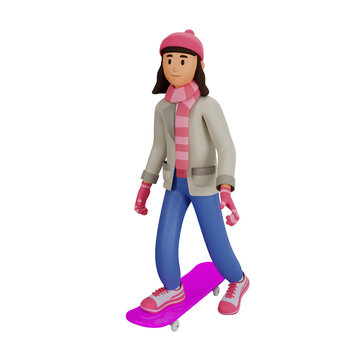 Young woman riding skateboard 3d cartoon character illustration
