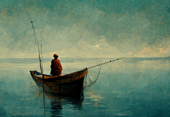 Fishermen fishing in a boat. Fishing from a boat in a river or lake