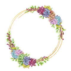 Greenery, succulent and branches frame border on white background. Beautiful template for invite or greeting card, banner, backdrop. Watercolor