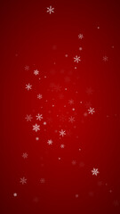 Obraz na płótnie Canvas Falling snowflakes christmas background. Subtle flying snow flakes and stars on christmas red background. Beautifully falling snowflakes overlay. Vertical vector illustration.