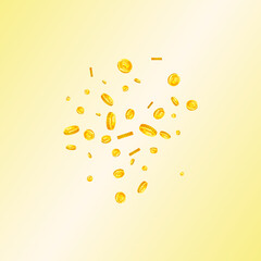 British pound coins falling. Scattered gold GBP