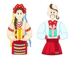 Characters Ukrainians man and woman with gifts in their hands.