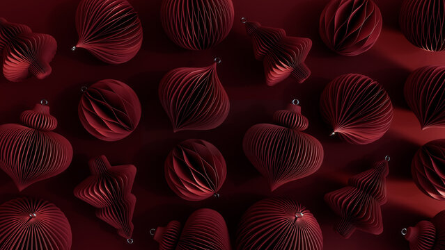 Christmas ornament paper decoration on dark red background 3D Rendering, 3D Illustration