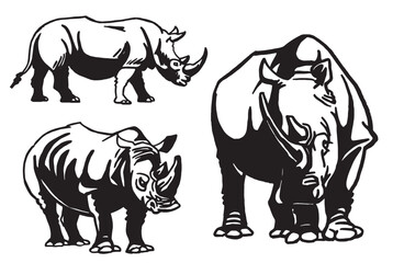 Vector set of rhinoceroses on white isolated,graphical drawing. Stylish print elements, savanna habitant