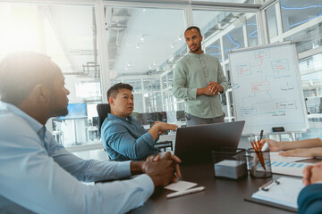 Group of multiethnic business people working together on project while sitting in modern office