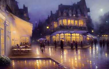 A French lavender cafe at night in Paris