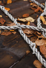 Closeup on a rope lying on wooden deck