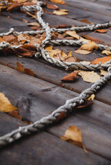 Closeup on wooden deck with rope and yellow leafs