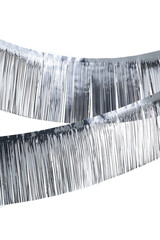 Close-up shot of a silver foil double sided curtain. The foil strip curtain for party or event is...