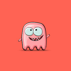 Funny cute smiling pink ghost monster isolated on pink background. Hand drawn cartoon pink ghost character with eyes and mouth , cute emoji. Funky Halloween spirit element.