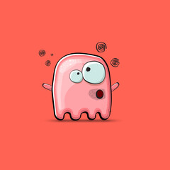 Funny cute smiling pink ghost monster isolated on pink background. Hand drawn cartoon pink ghost character with eyes and mouth , cute emoji. Funky Halloween spirit element.