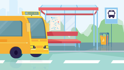 Empty bus station interior, banner in flat cartoon design. Transport stop, seats, yellow city bus. Modern public urban transportation, infrastructure concept. Illustration of web background © DesignSells