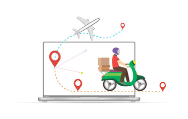 Fast delivery of the parcel. Order a parcel using an electronic application.
Courier tracking using a mapping application. 3D, vector illustration.