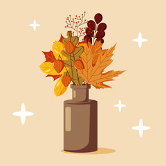 Autumn leaves bouquet in vase vector illustration