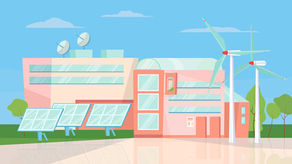 Eco energy factory building view, banner in flat cartoon design. Wind turbines and solar panels generate green energy. Power station and zero emission concept. Illustration of web background