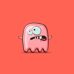 Funny cute smiling pink ghost monster isolated on pink background. Hand drawn cartoon pink ghost character with eyes and mouth , cute emoji. Funky Halloween spirit element.