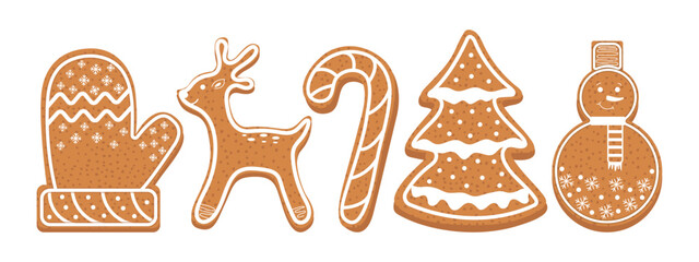 Gingerbread cookies icon collection with mitten, Christmas tree, deer, candy cane, snowman. Vector Christmas cookies.