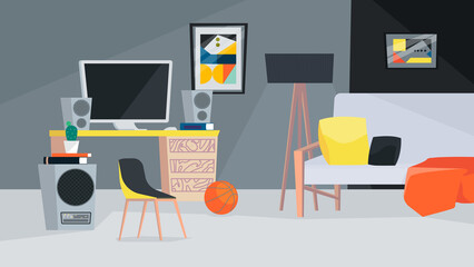 Men room interior, banner in flat cartoon design. Male apartment inside with workplace, computer on table, music columns, sofa with pillows, ball and decor. Illustration of web background