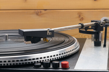 close-up of a turntable for vinyl records, there is a place for an inscription