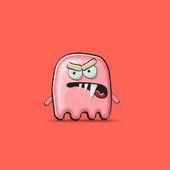 Funny cute smiling pink ghost monster isolated on pink background. Hand drawn cartoon pink ghost character with eyes and mouth , cute emoji. Funky Halloween spirit element.
