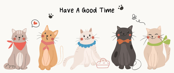 Cute cats doodle vector set. Cartoon cat or kitten characters design collection in different breeds, meow, hello. Set of funny pet animals isolated on white background for decorative, branding. © TWINS DESIGN STUDIO