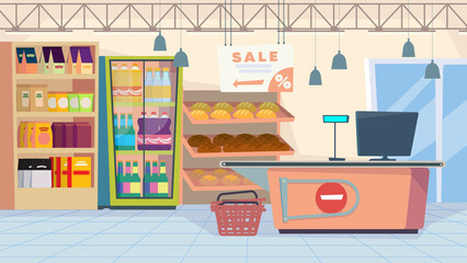 Grocery store interior, banner in flat cartoon design. Supermarket cash desk, racks shelves with bread and food, fridge with drinks. Purchases, shopping, sale. Illustration of web background