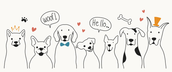 Cute dogs doodle vector set. Cartoon dog or puppy characters design collection in different breeds, woof, hello. Set of funny pet animals isolated on white background for decorative, branding. © TWINS DESIGN STUDIO