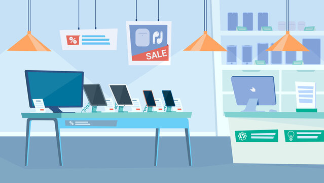 Gadget shop interior, banner in flat cartoon design. Table with monitor, smartphones and tablets, showcase of electronics store, cash desk, discount offers. Illustration of web background