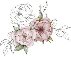 Watercolor peony composition. Floral arrangements. Hand painted clipart. Peony composition.