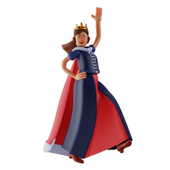 3D illustration. Queen 3D character as a talented dancer. showing a cheerful expression. with the pose of one hand on the waist and one hand up. 3D Cartoon Character