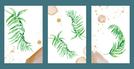 Fototapeta na wymiar Botanical art set with elements of abstraction in beige and green tones. Creative hand drawn textures with wall composition of palm tree branches and leaves. Boho interior art.
