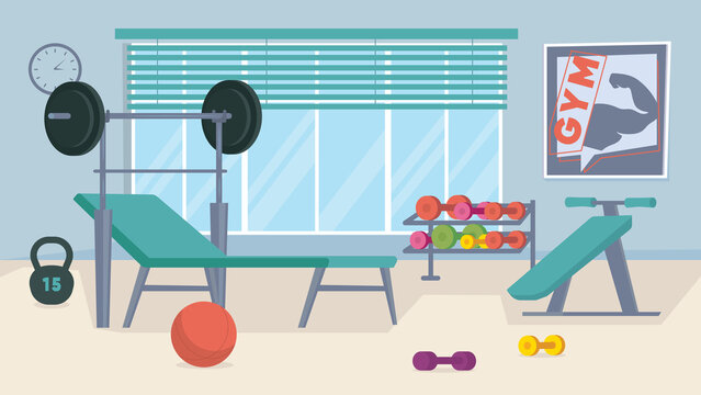 Gym interior, banner in flat cartoon design. Sports center with machines, barbell, dumbbells, ball. Healthy lifestyle, workout, weightlifting and fitness concept. Illustration of web background