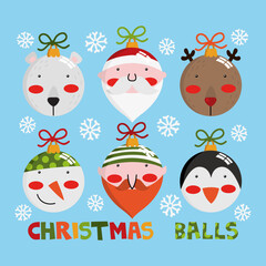 Illustration of Christmas glass balls, with drawings of Christmas characters
