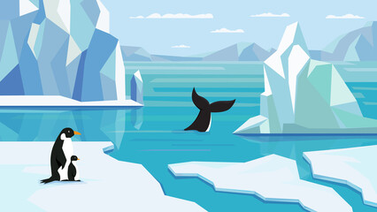 Antarctic view, banner in flat cartoon design. Scenery with penguins on glacier, icebergs float in cold blue water. Wildlife panoramic with northern landscape. Illustration of web background © DesignSells