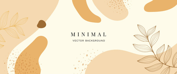 Abstract botanical background vector. Minimalist wallpaper with leaves, leaf branches, line art, earth tone color, organic shapes. Foliage art for banner, poster, bed and packaging.