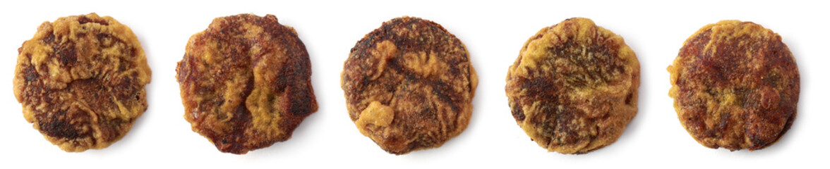 close-up of mung bean sweets isolated on white background, also known as mung kavum, traditional sweets in sri lanka, made with mung beans and rice flour, sweetened with kithul treacle, collection