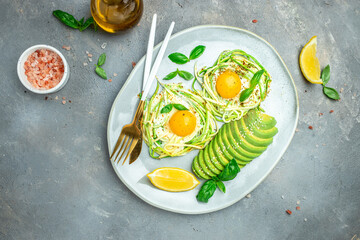 zucchini with eggs and avocado. breakfast. Healthy food, ketogenic diet, diet lunch concept. place for text, top view