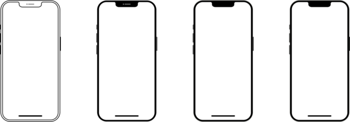 Set of realistic models smartphone with transparent screens. Smartphone mockup collection on transparent background. Phone mockup in front. Realistic, flat and line style. PNG image 