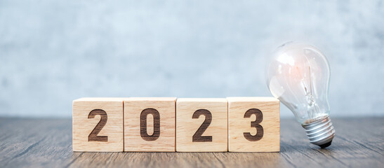 2023 block with lightbulb. Business Idea, Creative, Thinking, brainstorm, Goal, Resolution,...